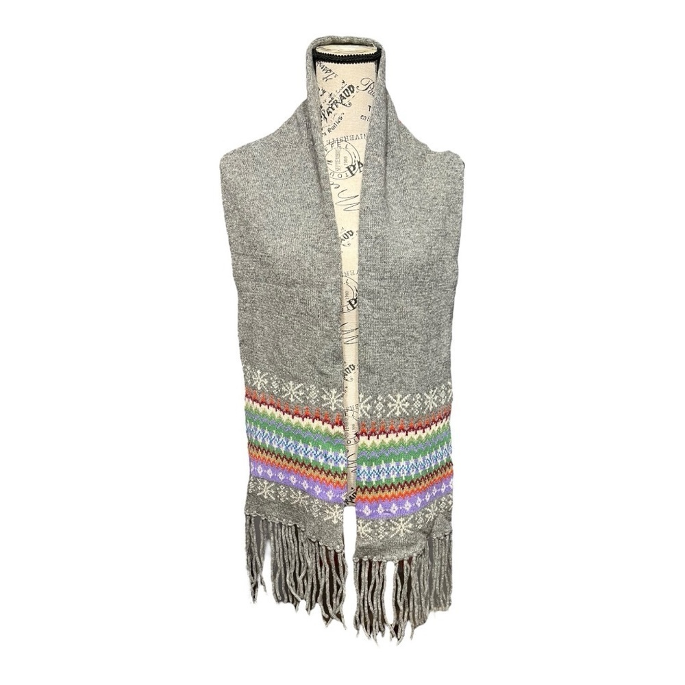 Steve & Barry’s Gray Nordic Fringe Knit Scarf 65” Lambswool Blend